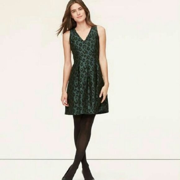 Ann Taylor Loft Women's Mini Dress Fit & Flare Leopard Print Black Green Size 0P - Picture 1 of 10